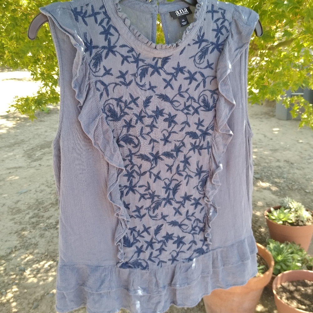 Sleeveless frilled, embroidered top